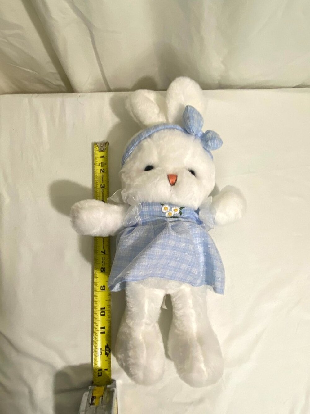 White Bunny Rabbit Plush 14" Stuffed Animal Blue Dress Gingham Bow Easter Spring